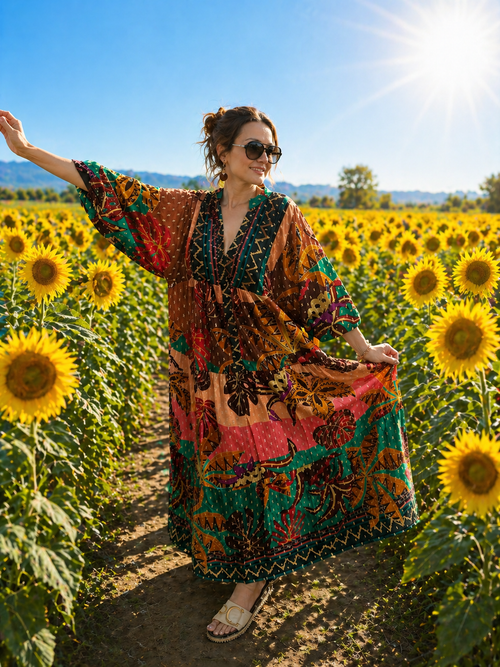 Colorful Bohemian Oversize Maxi Dress – Resort Wear – Elegant Boho Style – Loose Fit Summer– Beach Cover Up – Kaftan