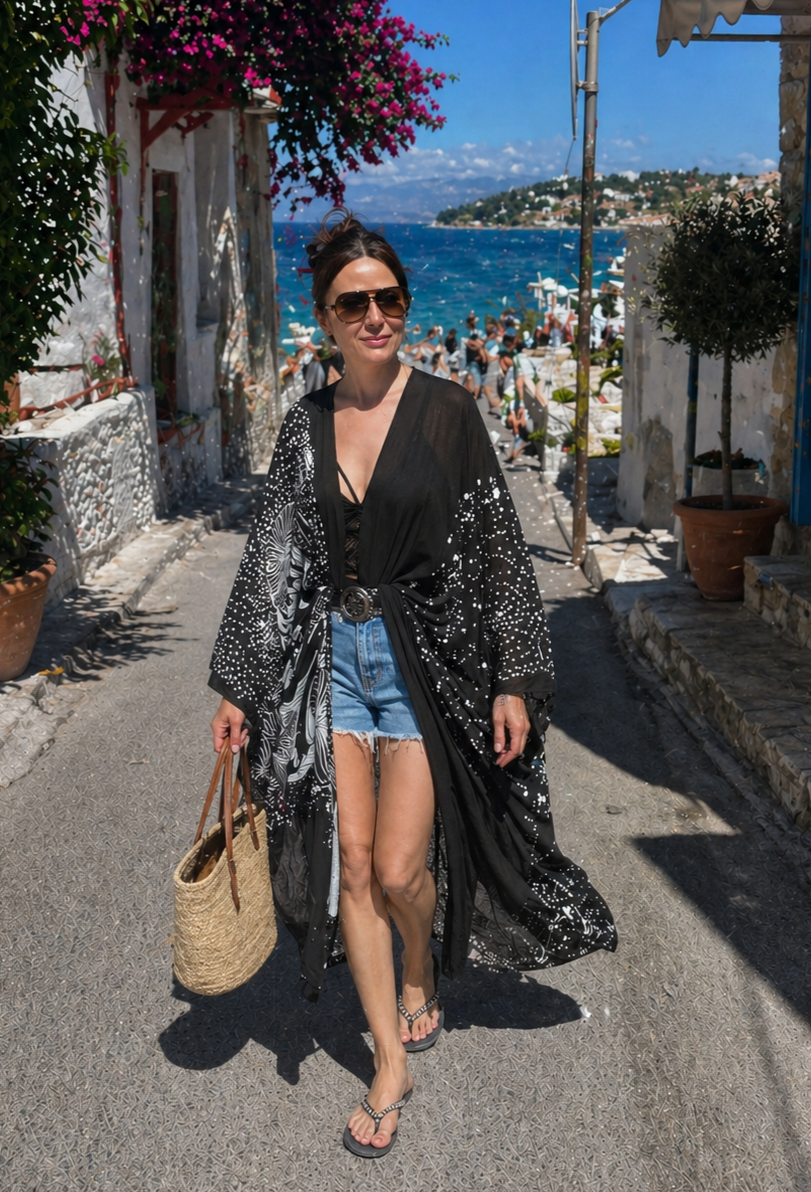 Black Kimono With Aboriginal Pattern, Boho Beach Cover Up, Festival Kimono, Loose Fit Kaftan, Lightweight Summer Robe, Resort Wear