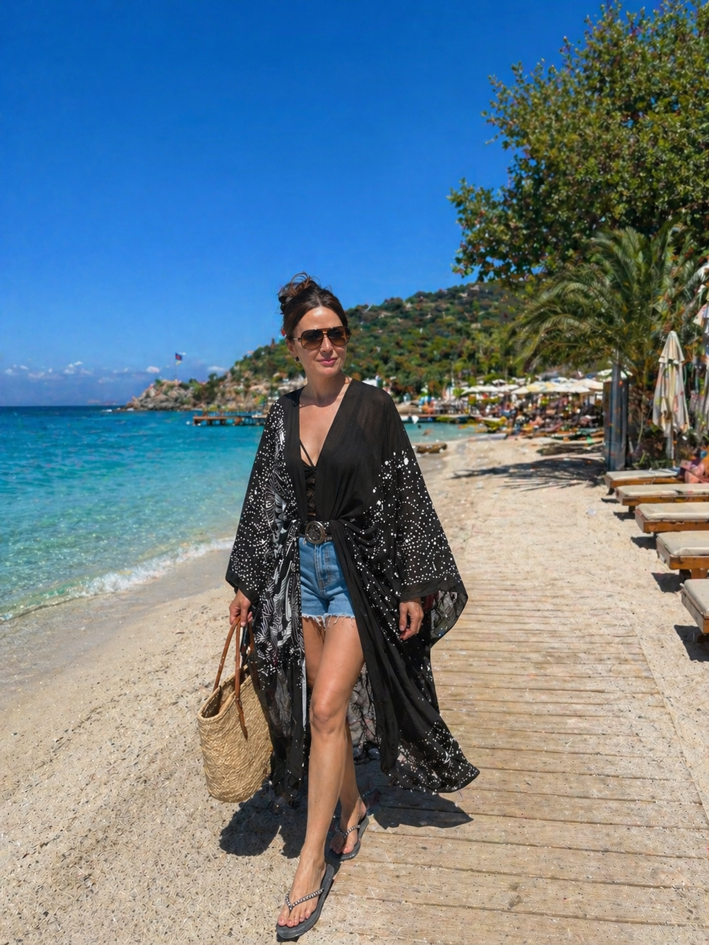 Black Kimono With Aboriginal Pattern, Boho Beach Cover Up, Festival Kimono, Loose Fit Kaftan, Lightweight Summer Robe, Resort Wear