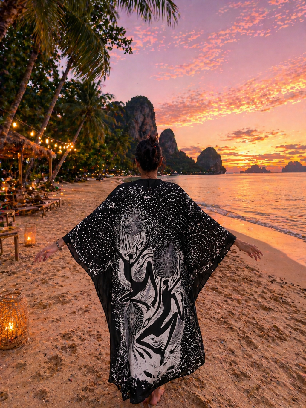 Black Kimono With Aboriginal Pattern, Boho Beach Cover Up, Festival Kimono, Loose Fit Kaftan, Lightweight Summer Robe, Resort Wear