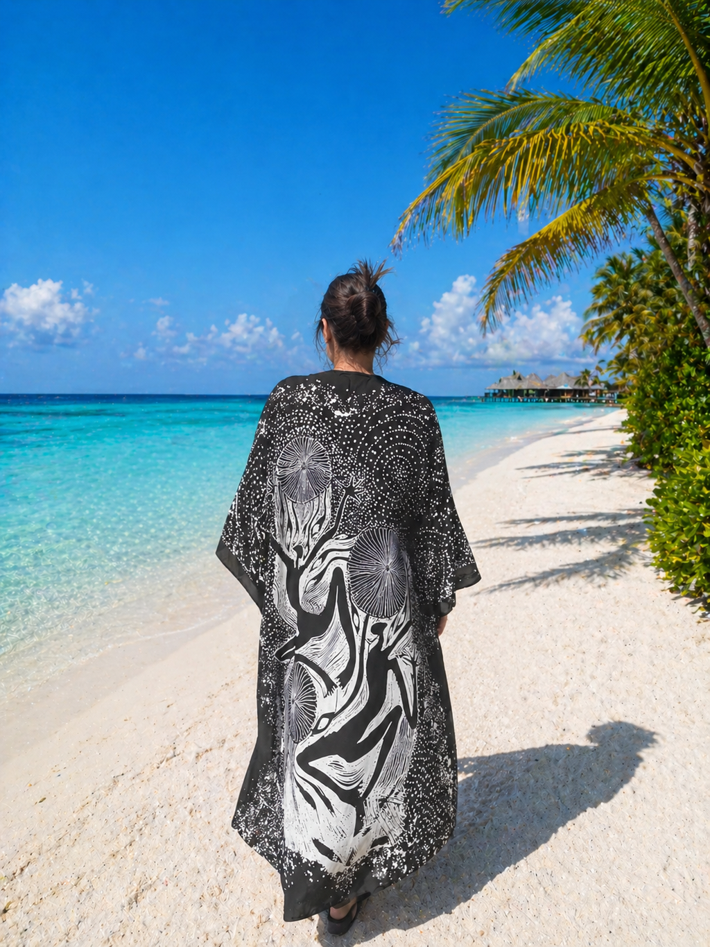 Black Kimono With Aboriginal Pattern, Boho Beach Cover Up, Festival Kimono, Loose Fit Kaftan, Lightweight Summer Robe, Resort Wear