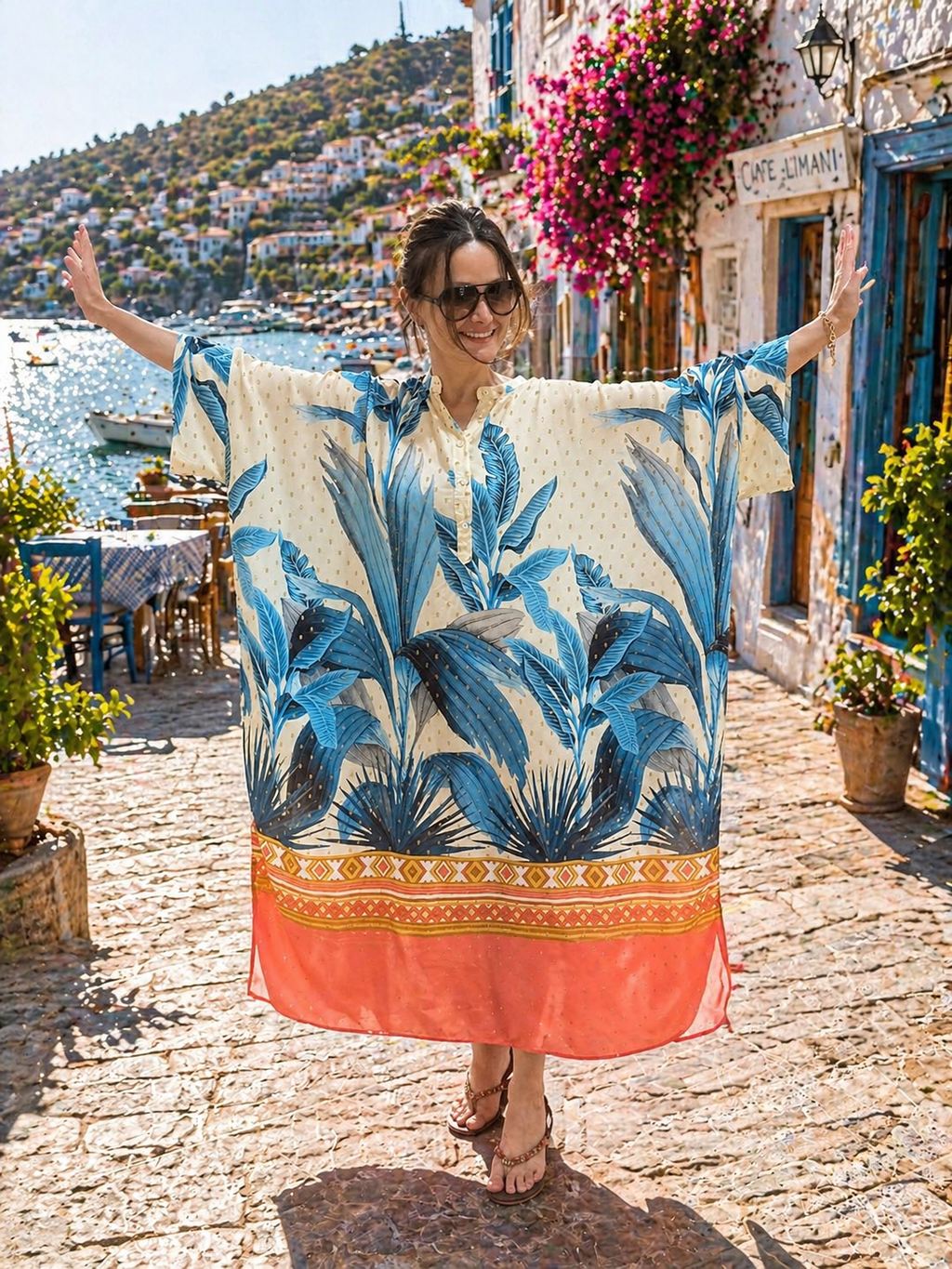 Women’s Tropical Print Kaftan Dress – Oversized Summer Maxi Dress, Lightweight Beach Cover Up, Resort Wear, Relaxed Vacation Outfit