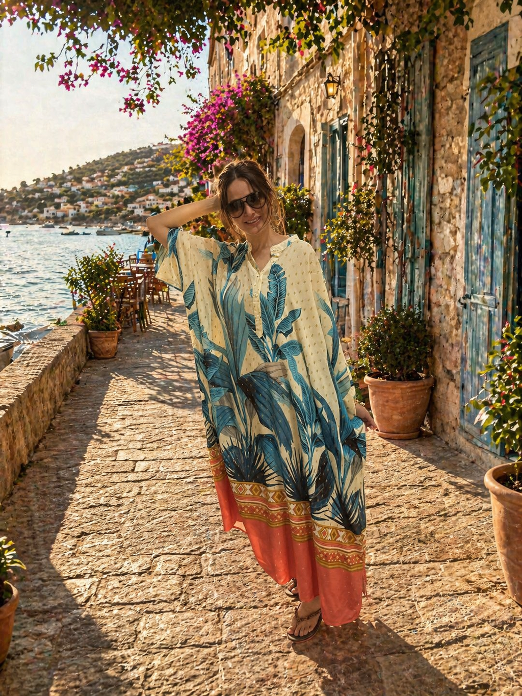 Women’s Tropical Print Kaftan Dress – Oversized Summer Maxi Dress, Lightweight Beach Cover Up, Resort Wear, Relaxed Vacation Outfit