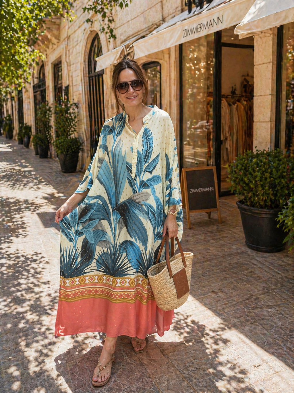 Women’s Tropical Print Kaftan Dress – Oversized Summer Maxi Dress, Lightweight Beach Cover Up, Resort Wear, Relaxed Vacation Outfit