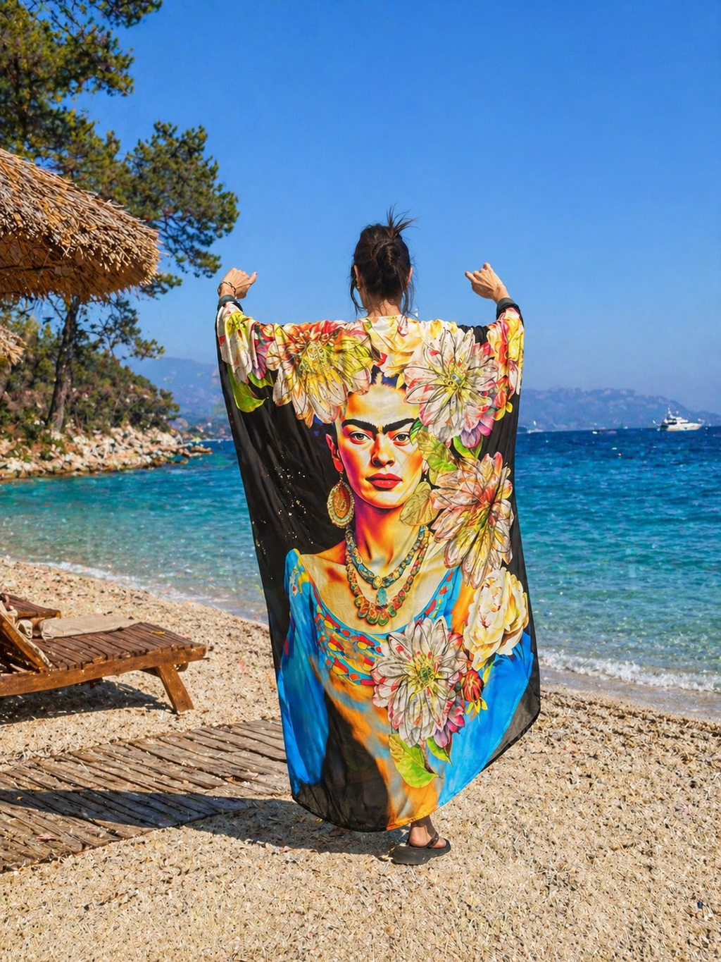 Frida Kahlo Kimono Cover Up – Boho Beach Kaftan for Women, Artistic Floral Kimono Robe, Oversized Resort Wear, Lightweight Summer Duster