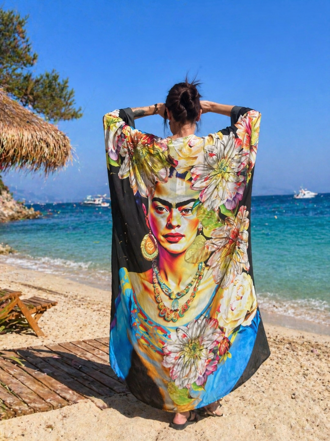 Frida Kahlo Kimono Cover Up – Boho Beach Kaftan for Women, Artistic Floral Kimono Robe, Oversized Resort Wear, Lightweight Summer Duster