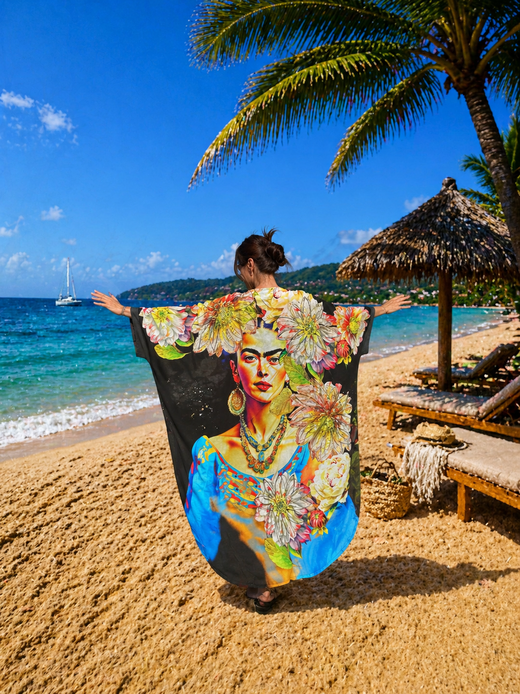Frida Kahlo Kimono Cover Up – Boho Beach Kaftan for Women, Artistic Floral Kimono Robe, Oversized Resort Wear, Lightweight Summer Duster