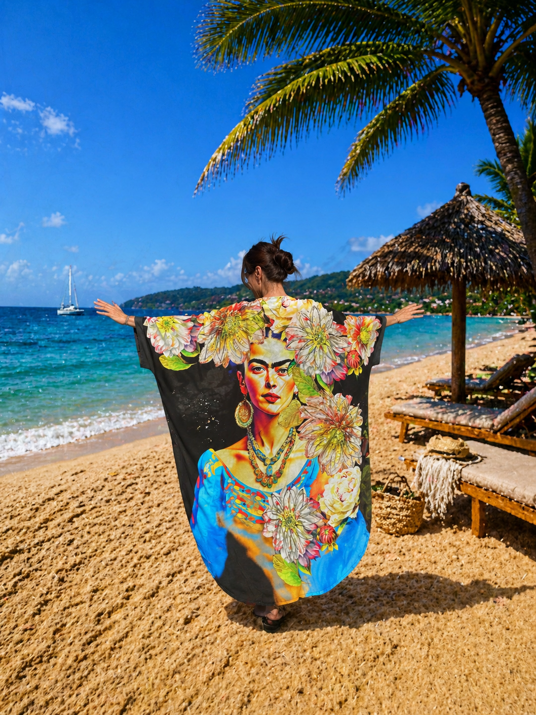 Frida Kahlo Kimono Cover Up – Boho Beach Kaftan for Women, Artistic Floral Kimono Robe, Oversized Resort Wear, Lightweight Summer Duster