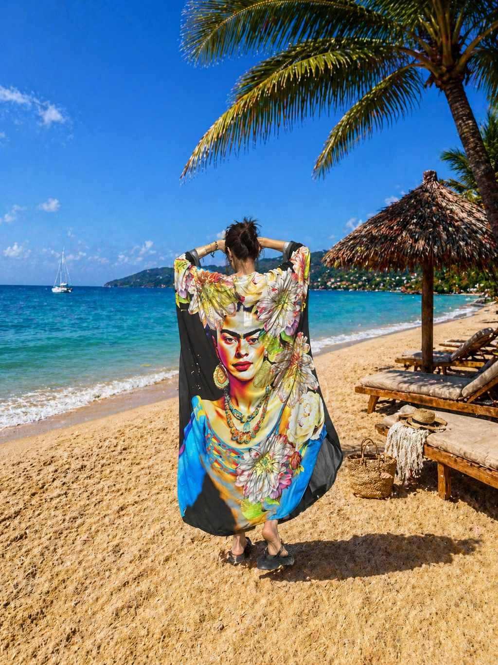 Frida Kahlo Kimono Cover Up – Boho Beach Kaftan for Women, Artistic Floral Kimono Robe, Oversized Resort Wear, Lightweight Summer Duster