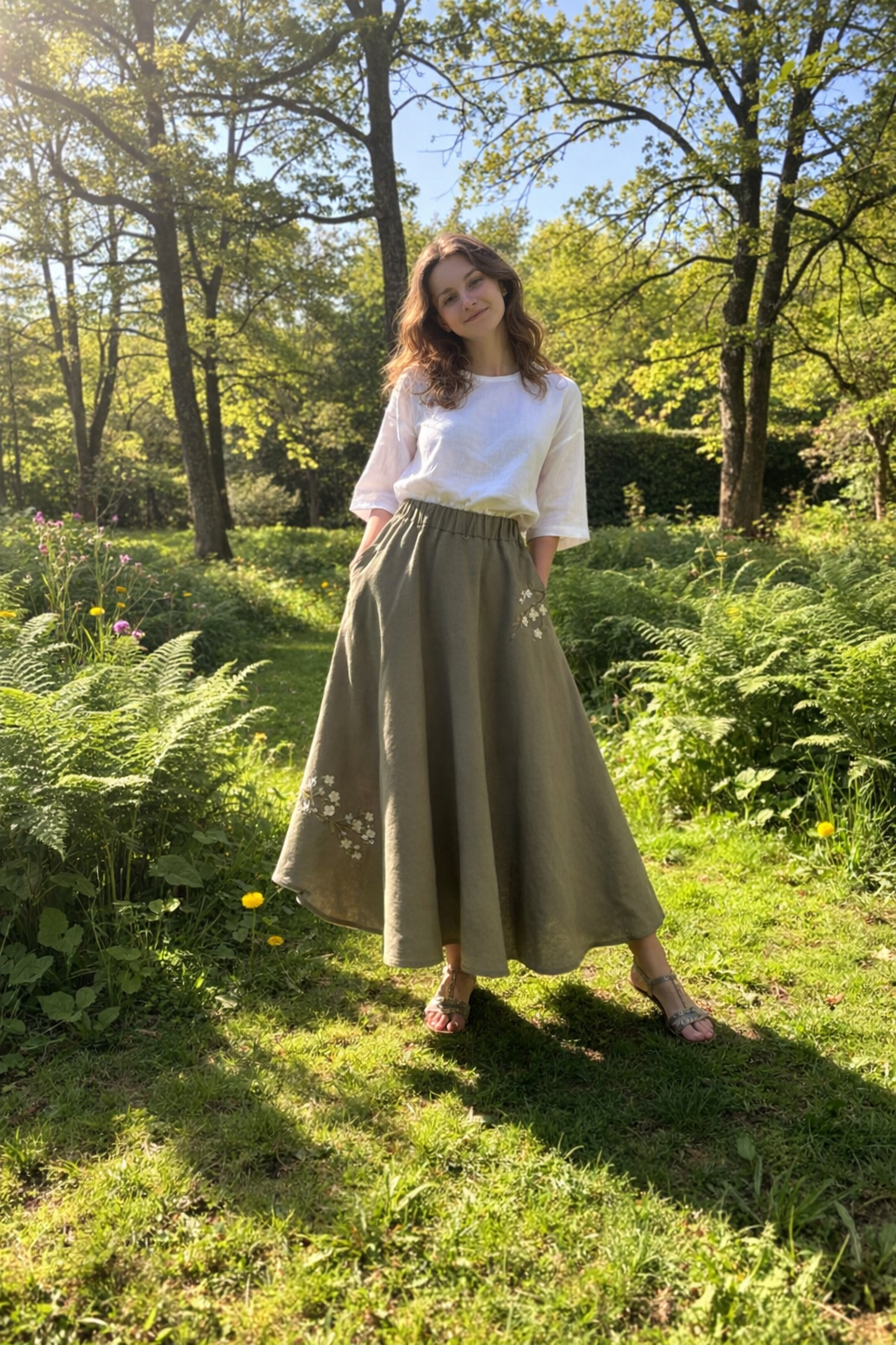 Embroidered Linen Midi Skirt, Natural Fabric, High Waist, Breathable, Cottagecore, Sustainable Summer Clothing