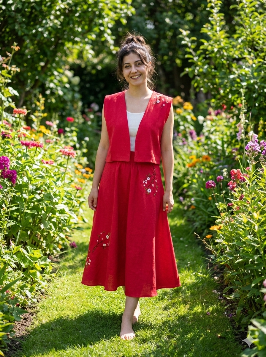 Embroidered 100% Linen Vest & Midi Skirt Set – Red