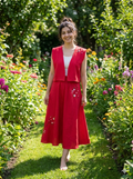 Embroidered 100% Linen Vest & Midi Skirt Set – Red