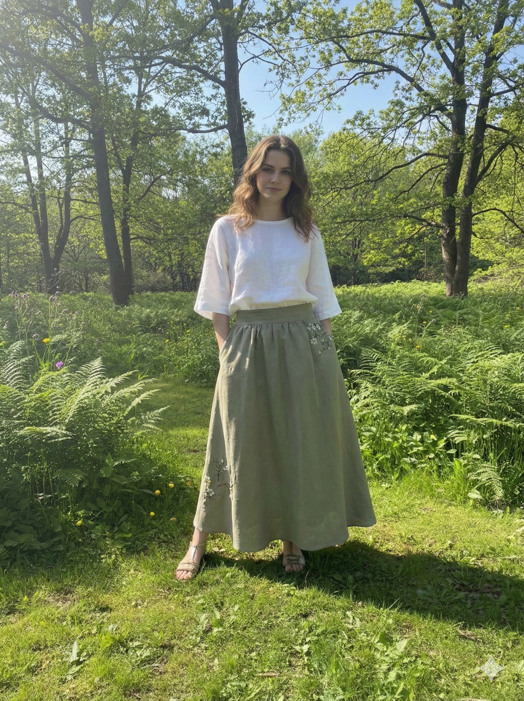 Floral Embroidered Cupro Linen Skirt, Natural Fabric, Gathered , Long Skirt, Cottagecore, Sustainable Summer Clothing