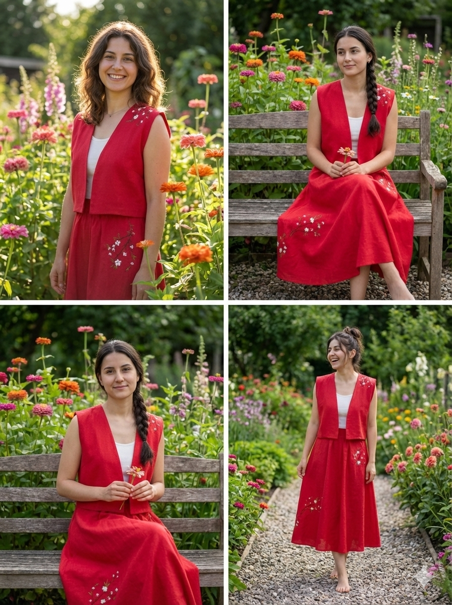 Embroidered 100% Linen Vest & Midi Skirt Set – Red