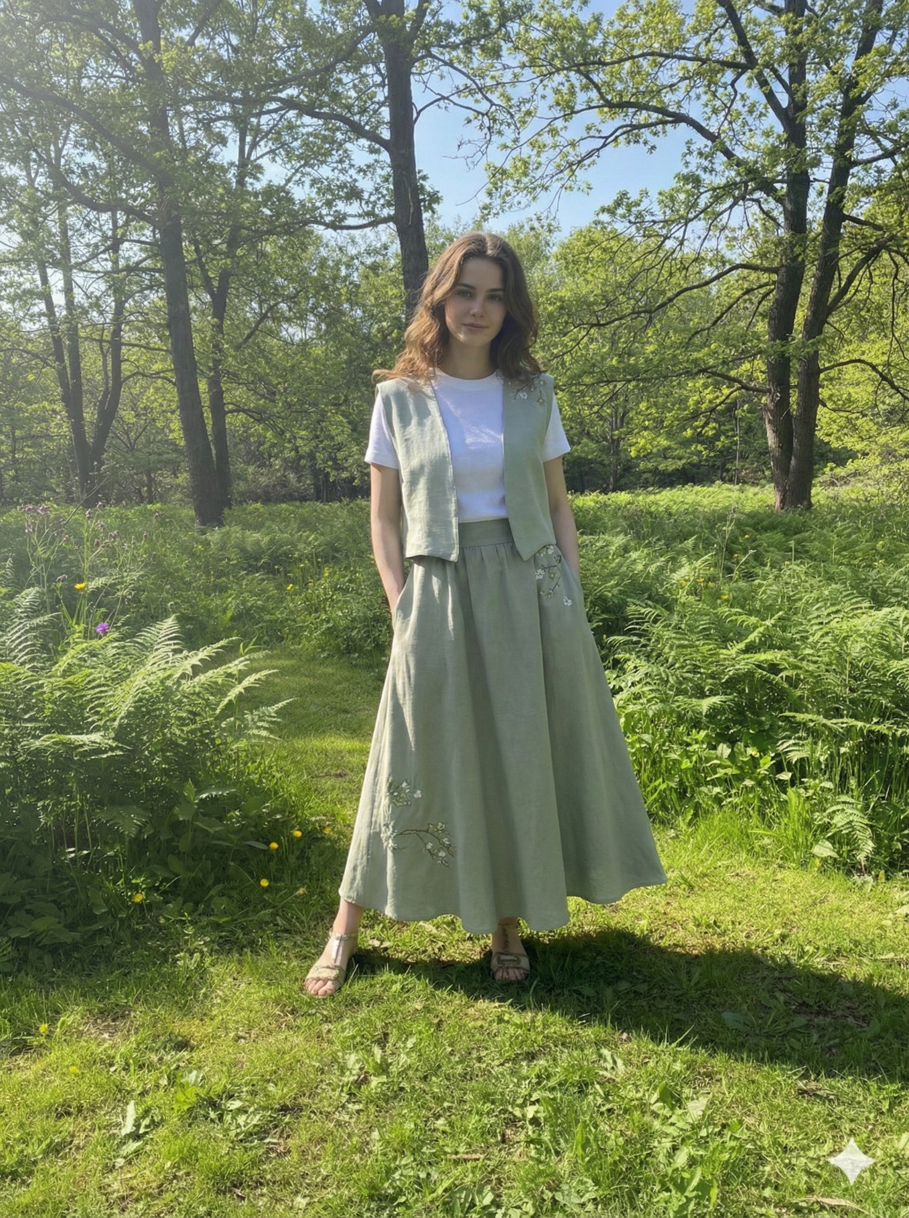 Floral Embroidered Cupro Linen Skirt, Natural Fabric, Gathered , Long Skirt, Cottagecore, Sustainable Summer Clothing