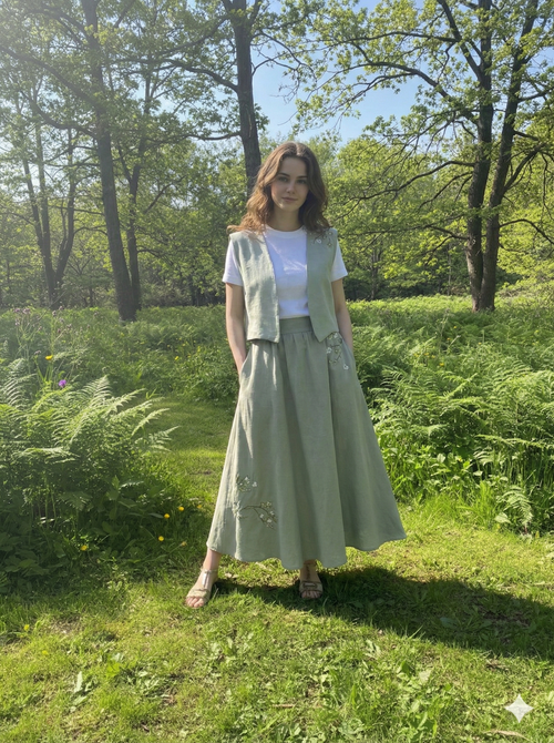 Floral Embroidered Cupro Linen Skirt, Natural Fabric, Gathered , Long Skirt, Cottagecore, Sustainable Summer Clothing