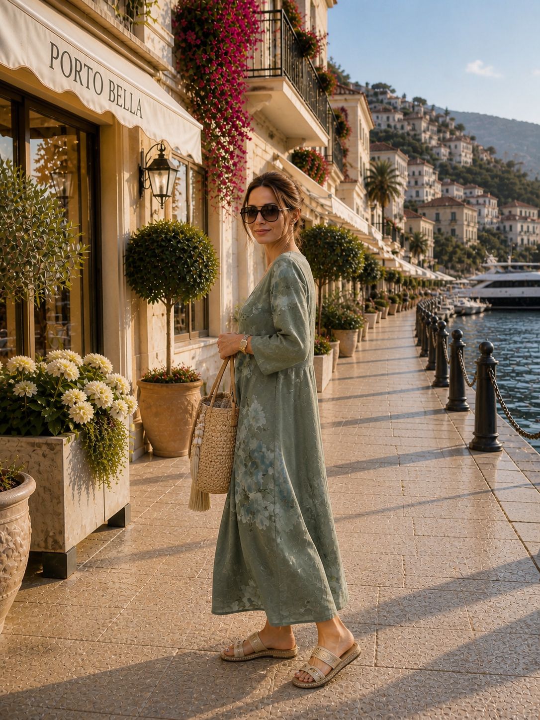 Olive Green 100% Linen V Neck Maxi Dress, Oversized Floral, Boho Resort Wear, Elegant Summer Kaftan