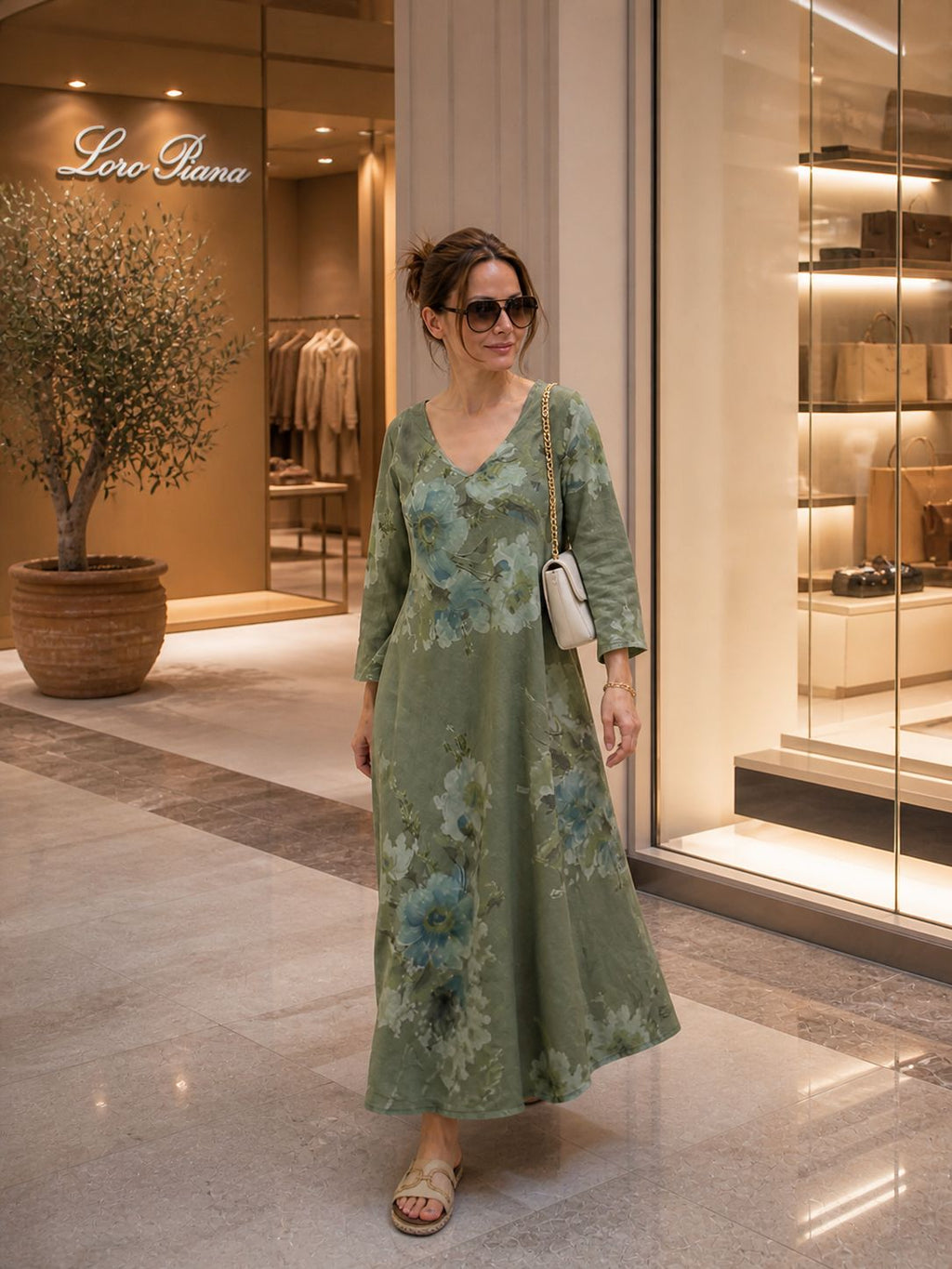 Olive Green 100% Linen V Neck Maxi Dress, Oversized Floral, Boho Resort Wear, Elegant Summer Kaftan