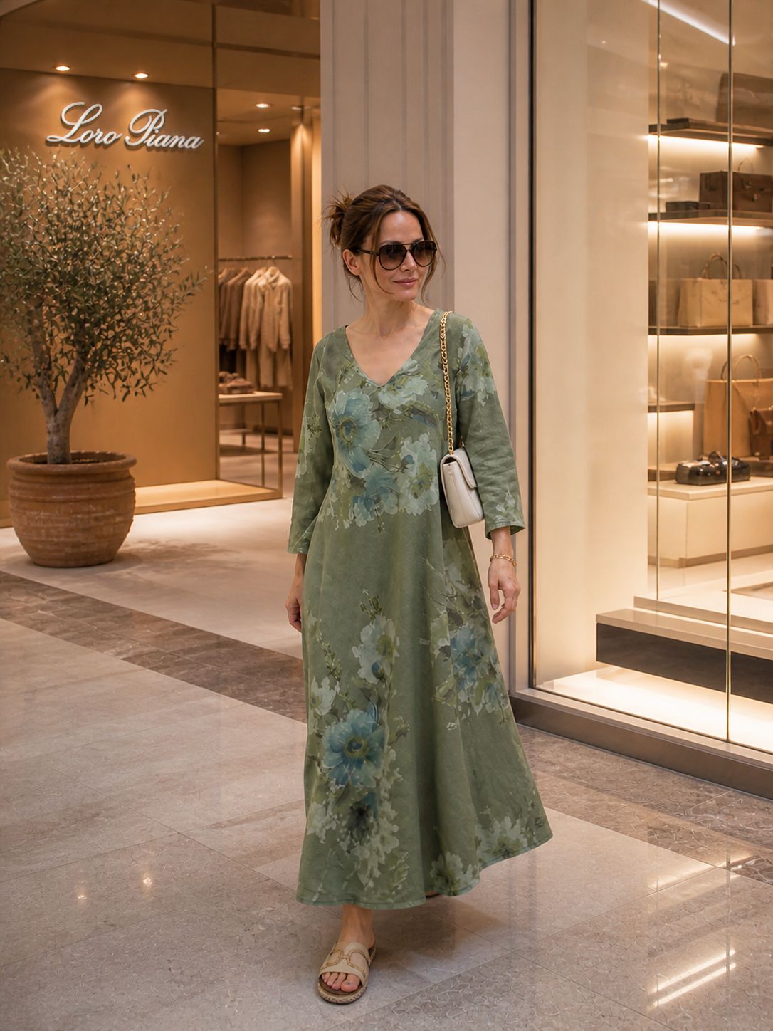 Olive Green 100% Linen V Neck Maxi Dress, Oversized Floral, Boho Resort Wear, Elegant Summer Kaftan