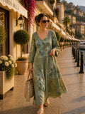 Olive Green 100% Linen V Neck Maxi Dress, Oversized Floral, Boho Resort Wear, Elegant Summer Kaftan