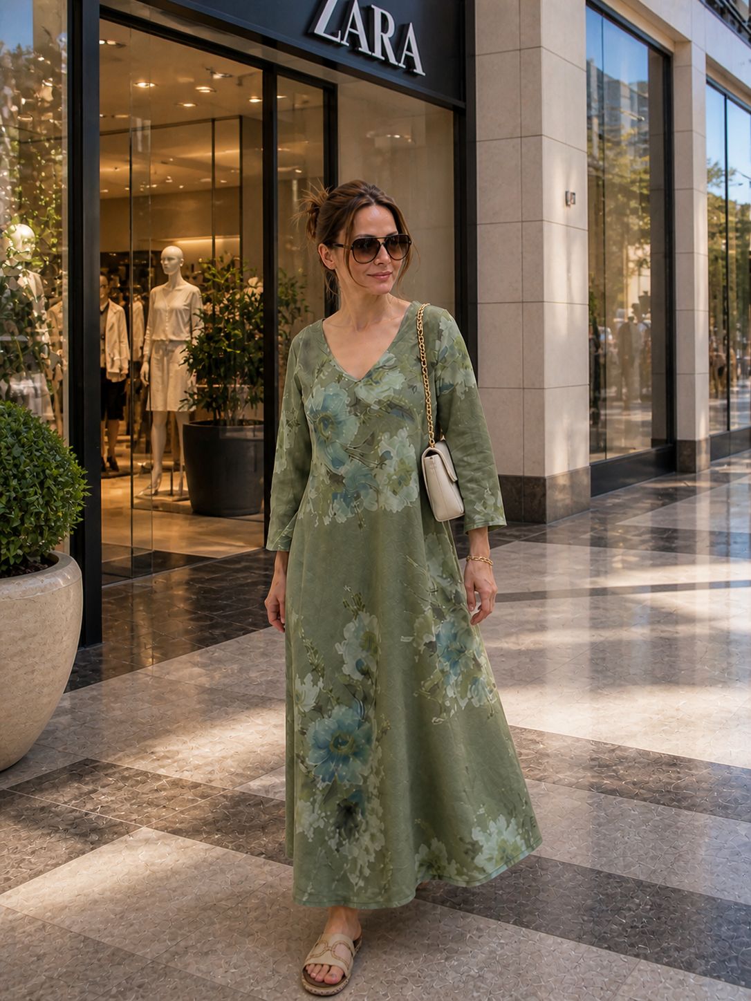 Olive Green 100% Linen V Neck Maxi Dress, Oversized Floral, Boho Resort Wear, Elegant Summer Kaftan