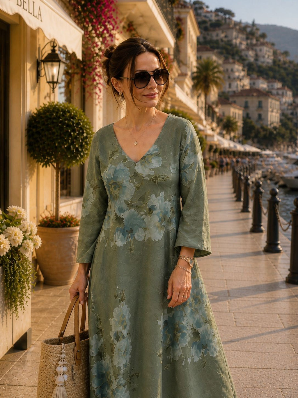 Olive Green 100% Linen V Neck Maxi Dress, Oversized Floral, Boho Resort Wear, Elegant Summer Kaftan