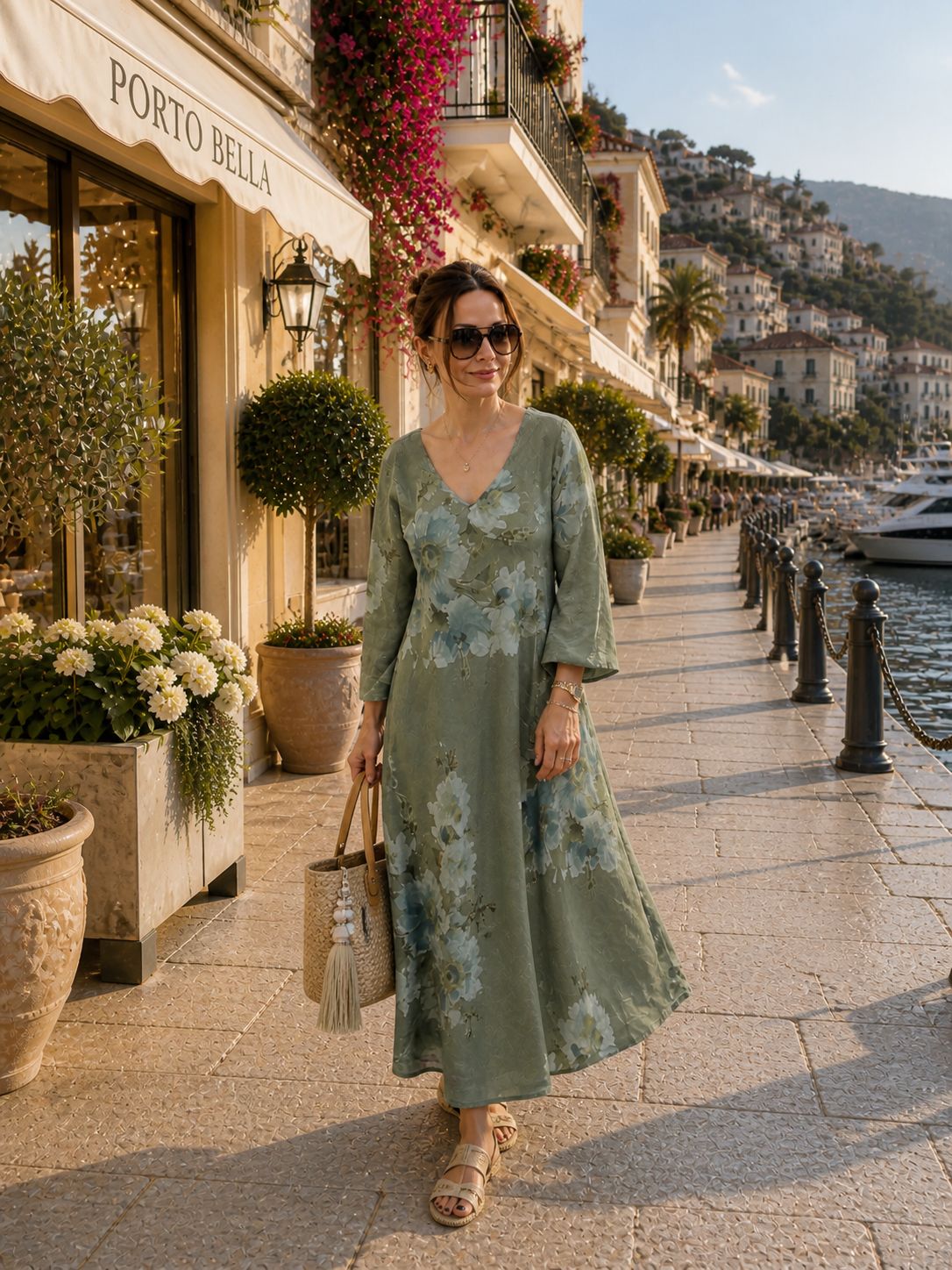 Olive Green 100% Linen V Neck Maxi Dress, Oversized Floral, Boho Resort Wear, Elegant Summer Kaftan