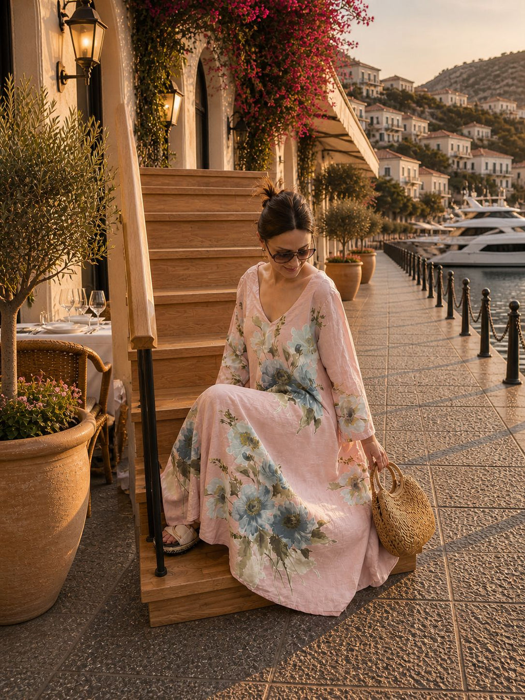 Powder Pink, 100% Linen,  Floral, Maxi  Dress for Women, Elegant Resort Wear, Summer Beach Dress