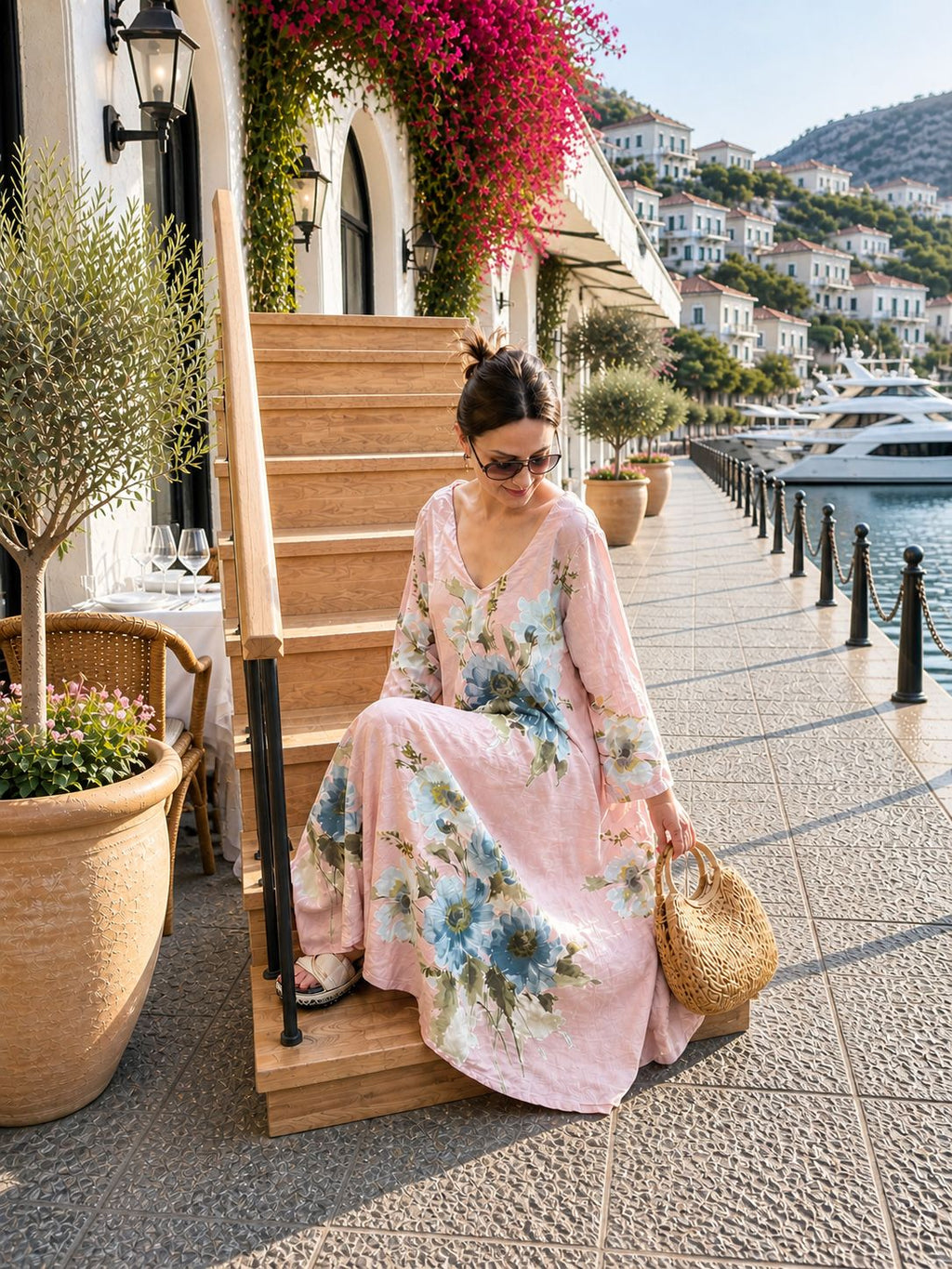 Powder Pink, 100% Linen,  Floral, Maxi  Dress for Women, Elegant Resort Wear, Summer Beach Dress