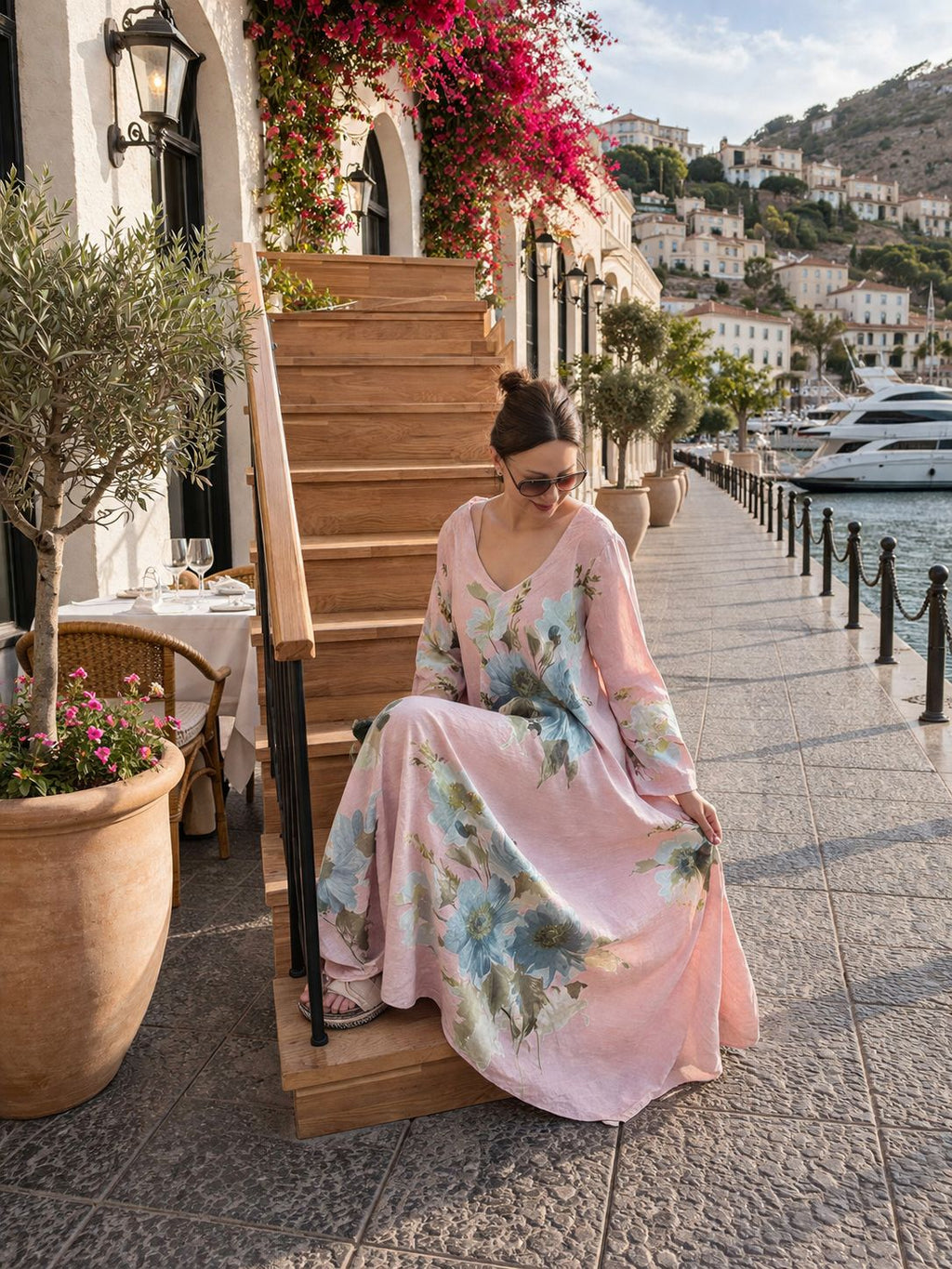 Powder Pink, 100% Linen,  Floral, Maxi  Dress for Women, Elegant Resort Wear, Summer Beach Dress
