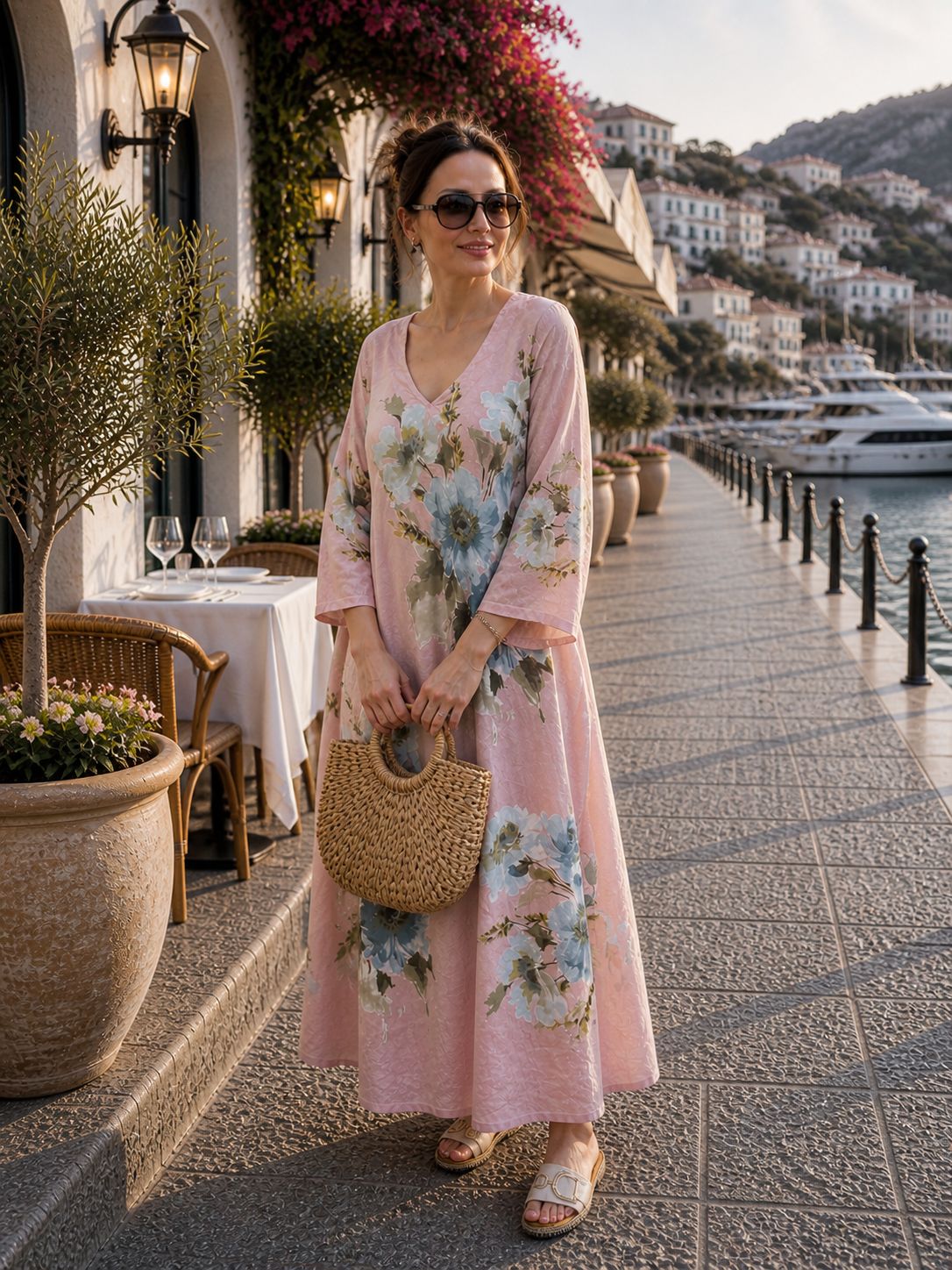 Powder Pink, 100% Linen,  Floral, Maxi  Dress for Women, Elegant Resort Wear, Summer Beach Dress