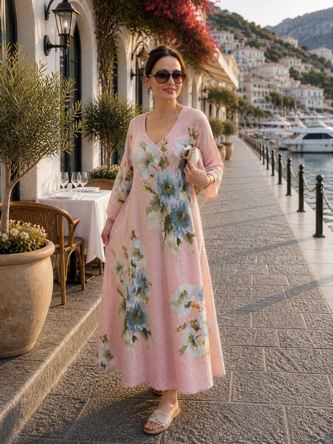 Powder Pink, 100% Linen,  Floral, Maxi  Dress for Women, Elegant Resort Wear, Summer Beach Dress