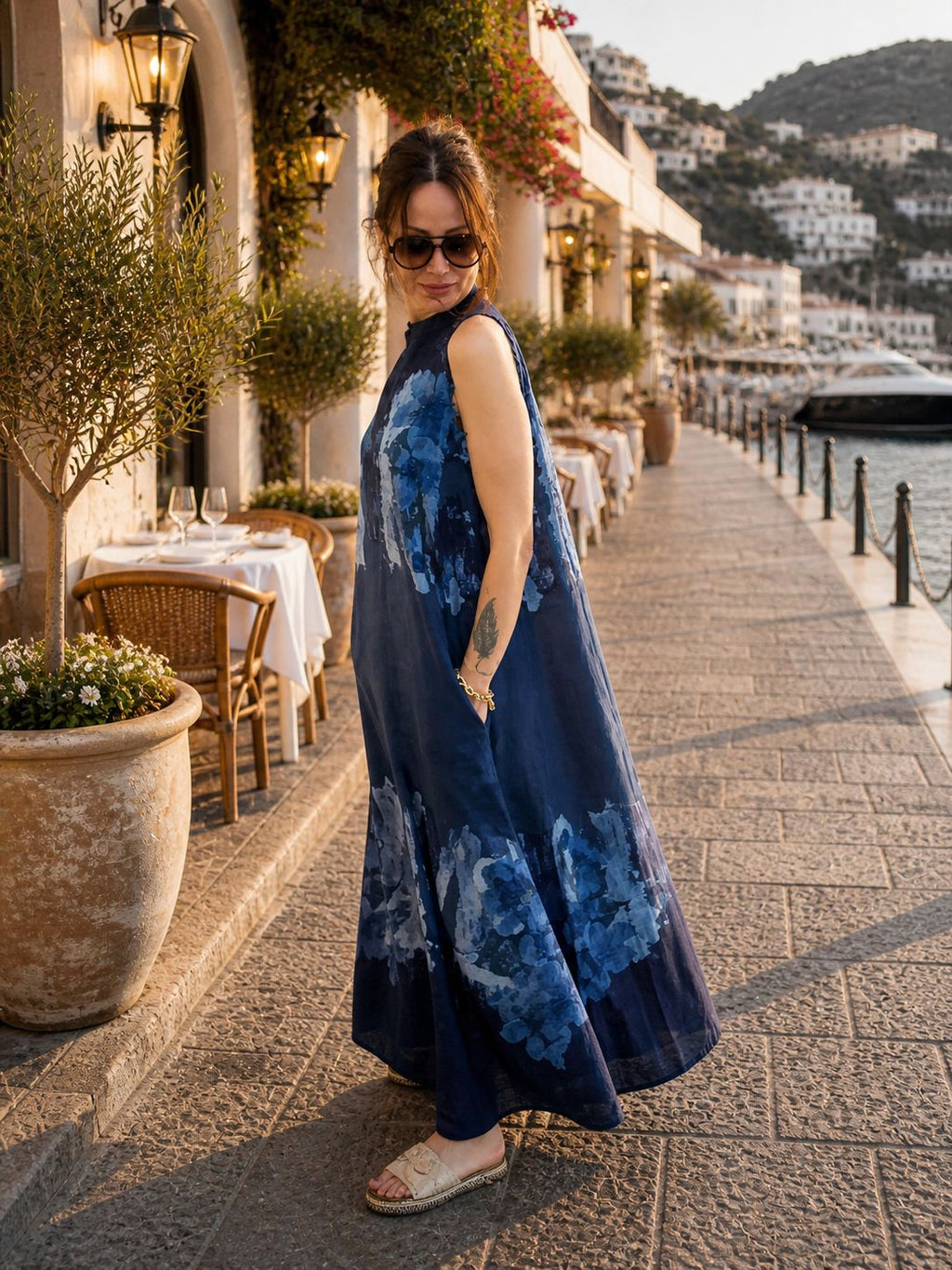 Navy Blue Linen Maxi Dress for Women – 100% Linen Sleeveless Dress, Artistic Floral Print Summer Dress, Relaxed Fit
