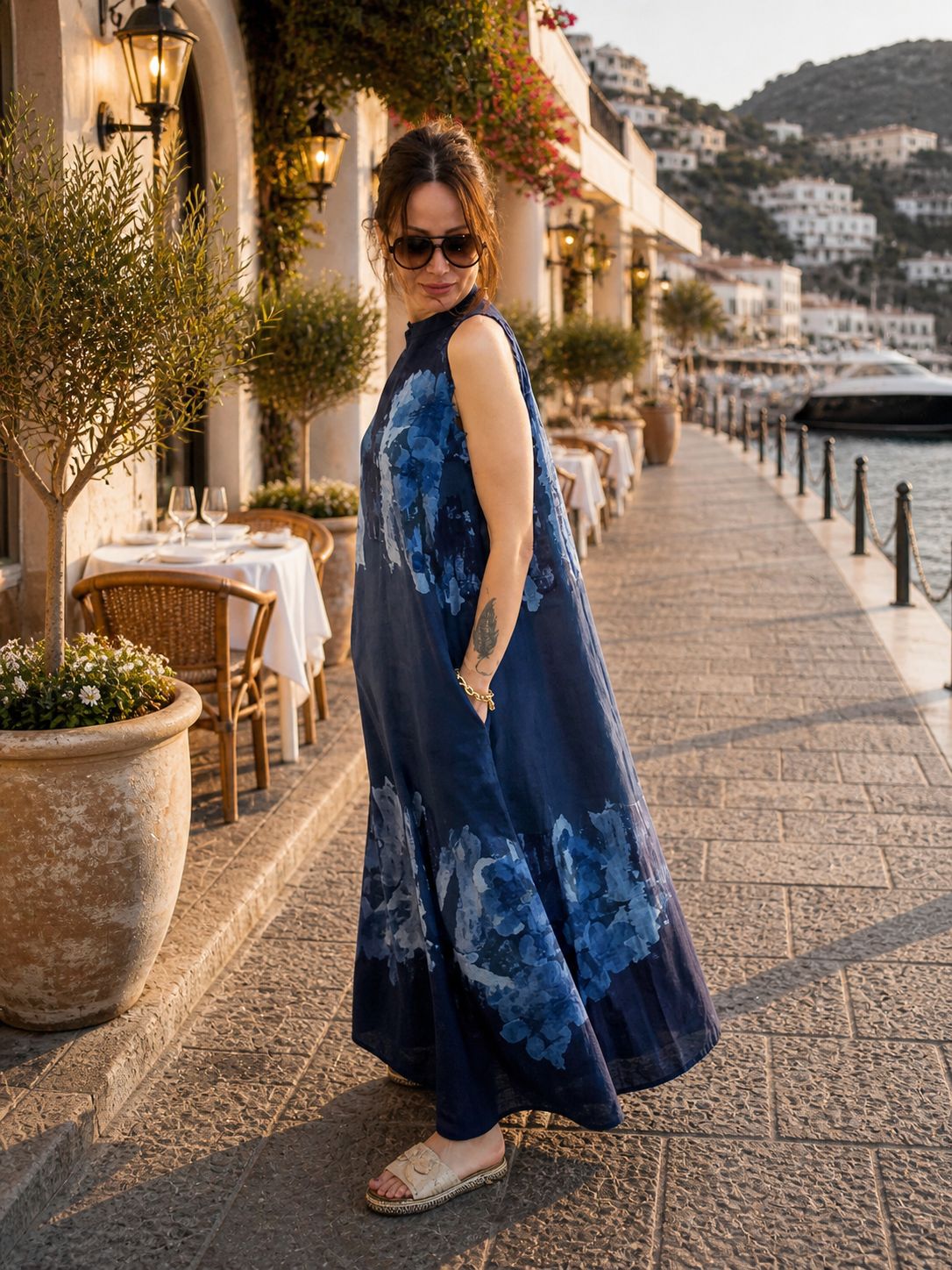 Navy Blue Linen Maxi Dress for Women – 100% Linen Sleeveless Dress, Artistic Floral Print Summer Dress, Relaxed Fit