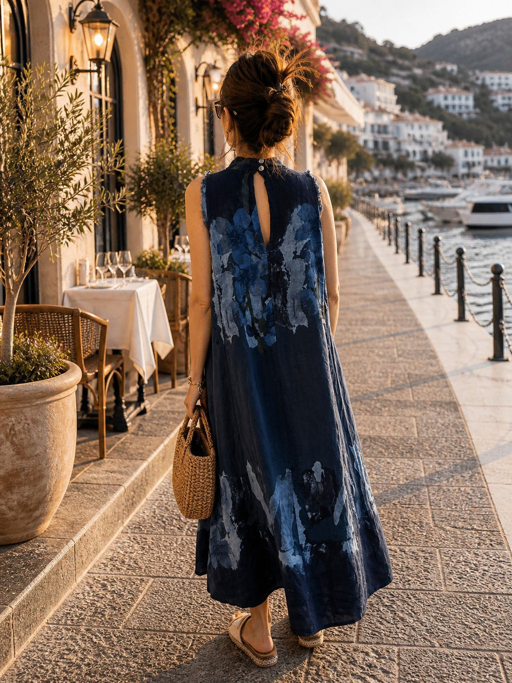 Navy Blue Linen Maxi Dress for Women – 100% Linen Sleeveless Dress, Artistic Floral Print Summer Dress, Relaxed Fit
