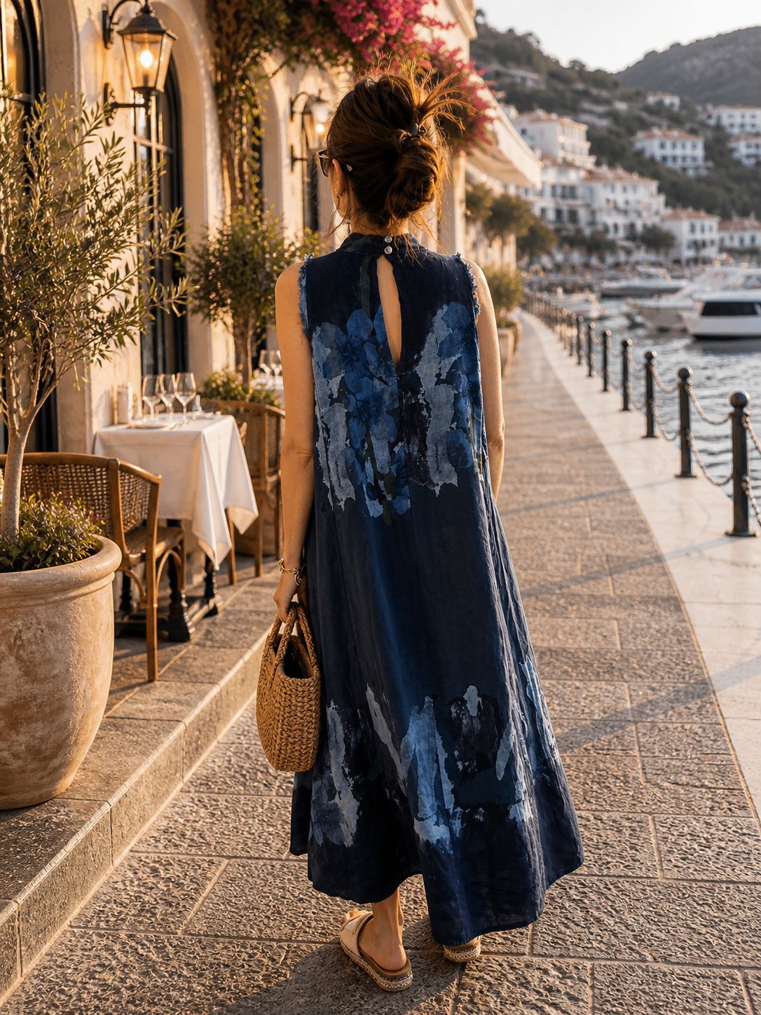 Navy Blue Linen Maxi Dress for Women – 100% Linen Sleeveless Dress, Artistic Floral Print Summer Dress, Relaxed Fit