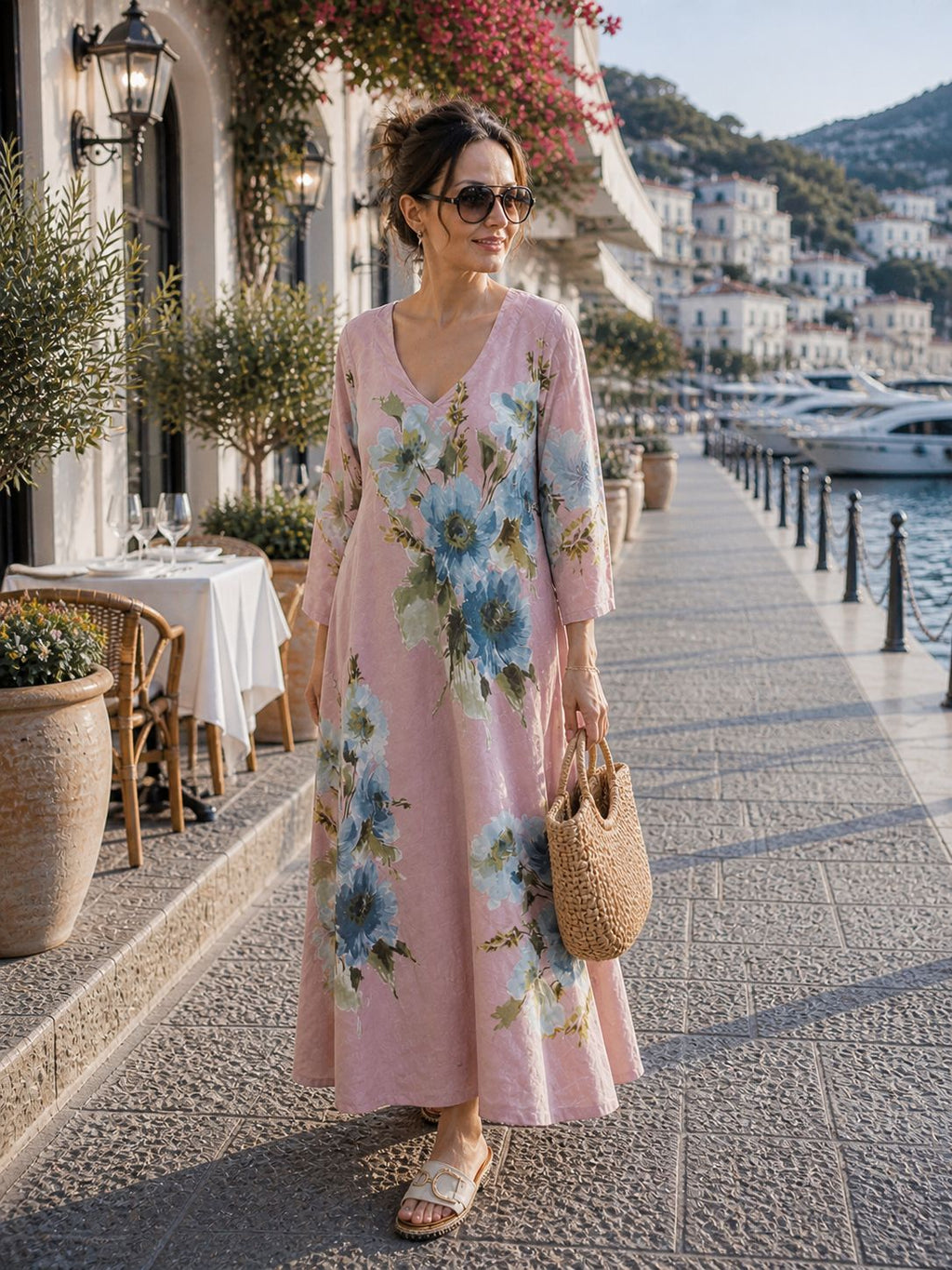 Powder Pink, 100% Linen,  Floral, Maxi  Dress for Women, Elegant Resort Wear, Summer Beach Dress