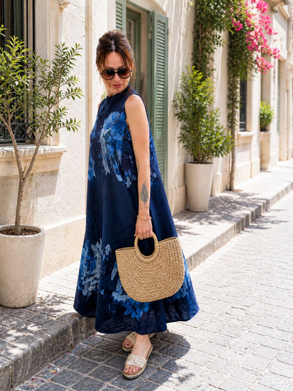 Navy Blue Linen Maxi Dress for Women – 100% Linen Sleeveless Dress, Artistic Floral Print Summer Dress, Relaxed Fit