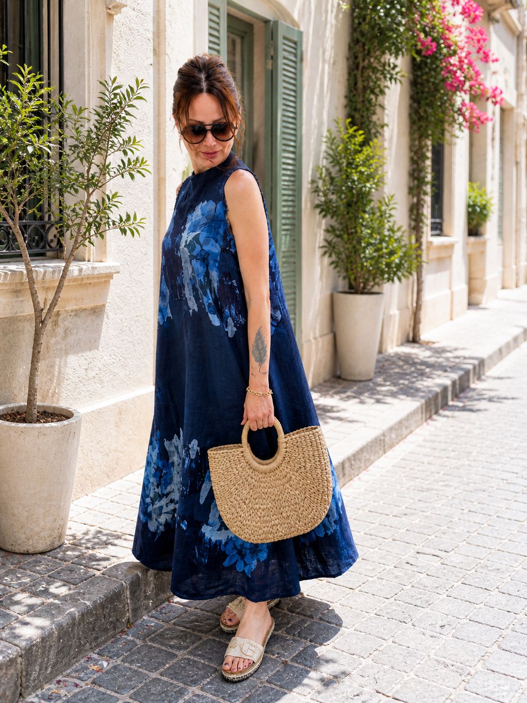 Navy Blue Linen Maxi Dress for Women – 100% Linen Sleeveless Dress, Artistic Floral Print Summer Dress, Relaxed Fit