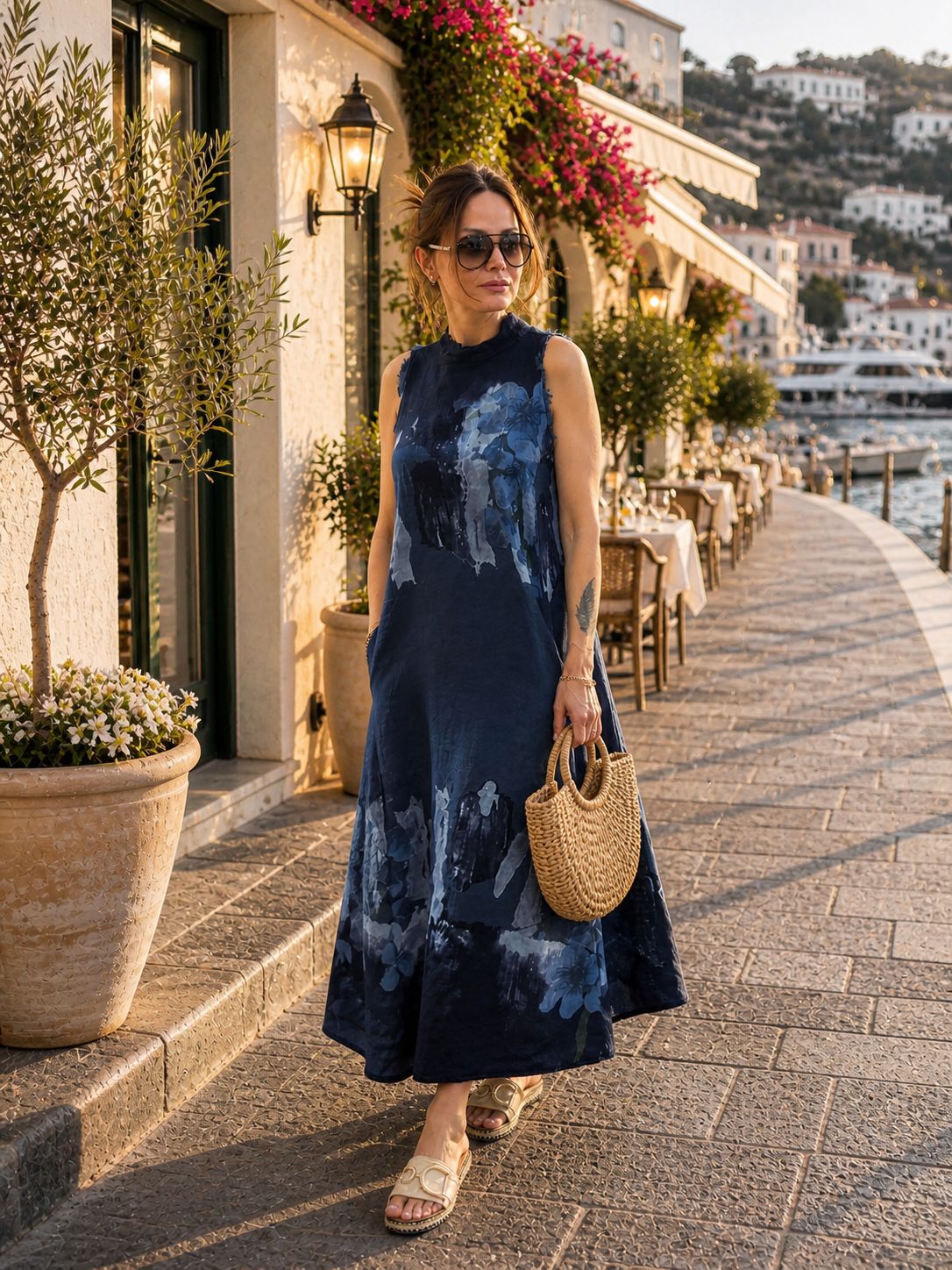 Navy Blue Linen Maxi Dress for Women – 100% Linen Sleeveless Dress, Artistic Floral Print Summer Dress, Relaxed Fit