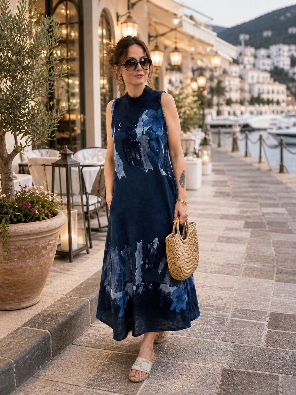 Navy Blue Linen Maxi Dress for Women – 100% Linen Sleeveless Dress, Artistic Floral Print Summer Dress, Relaxed Fit