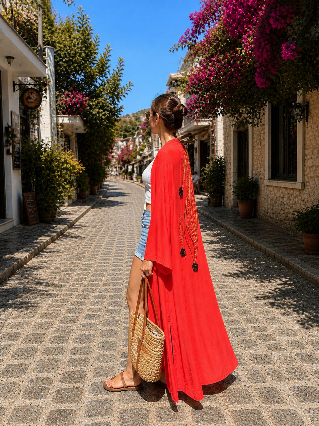 Pomegranate Red Cotton Kimono – Boho Long Beach Cover Up – Patterned Oversized Summer Kaftan – Lightweight Resort Wear for Women