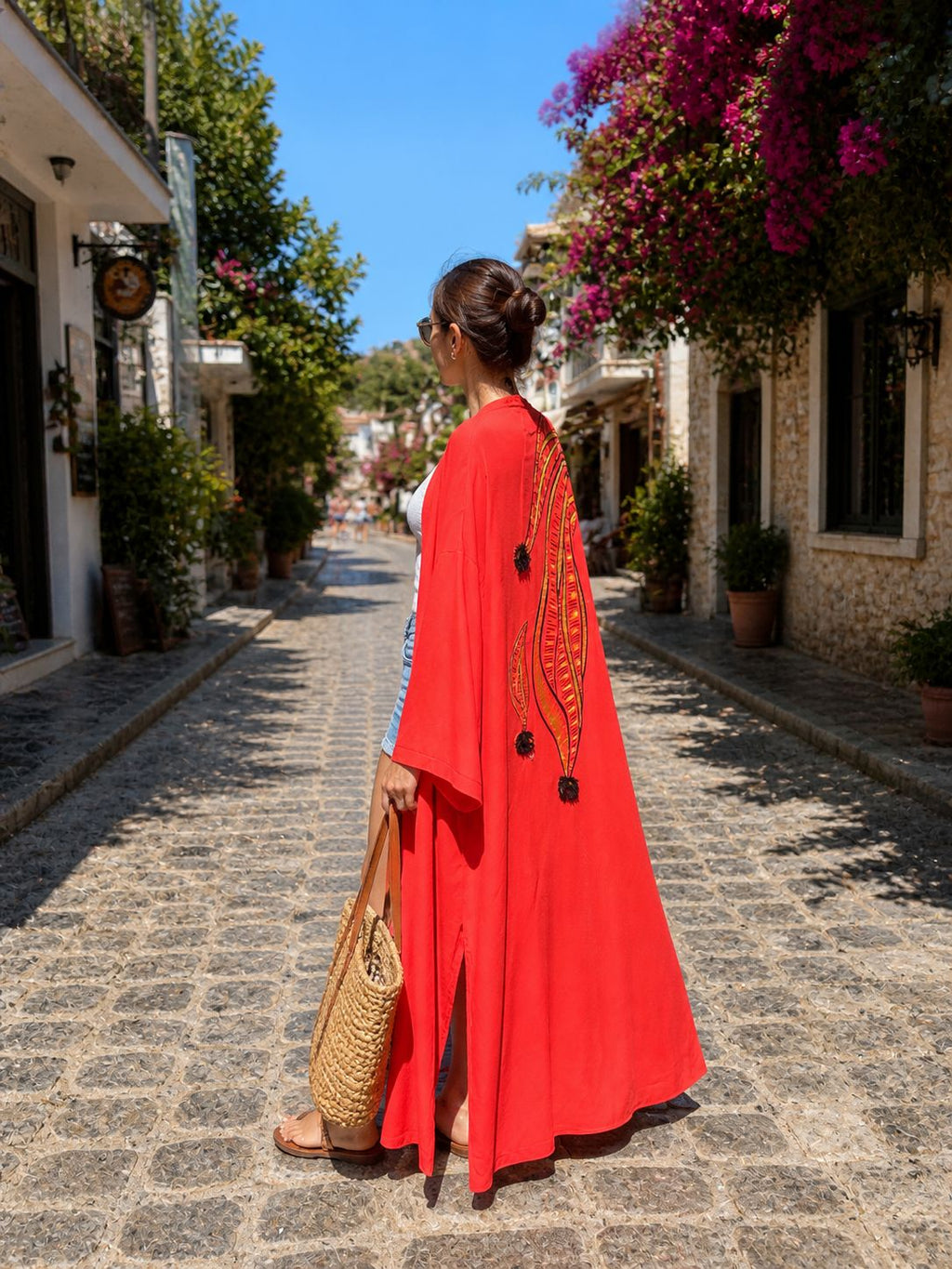Pomegranate Red Cotton Kimono – Boho Long Beach Cover Up – Patterned Oversized Summer Kaftan – Lightweight Resort Wear for Women