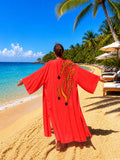 Pomegranate Red Cotton Kimono – Boho Long Beach Cover Up – Patterned Oversized Summer Kaftan – Lightweight Resort Wear for Women
