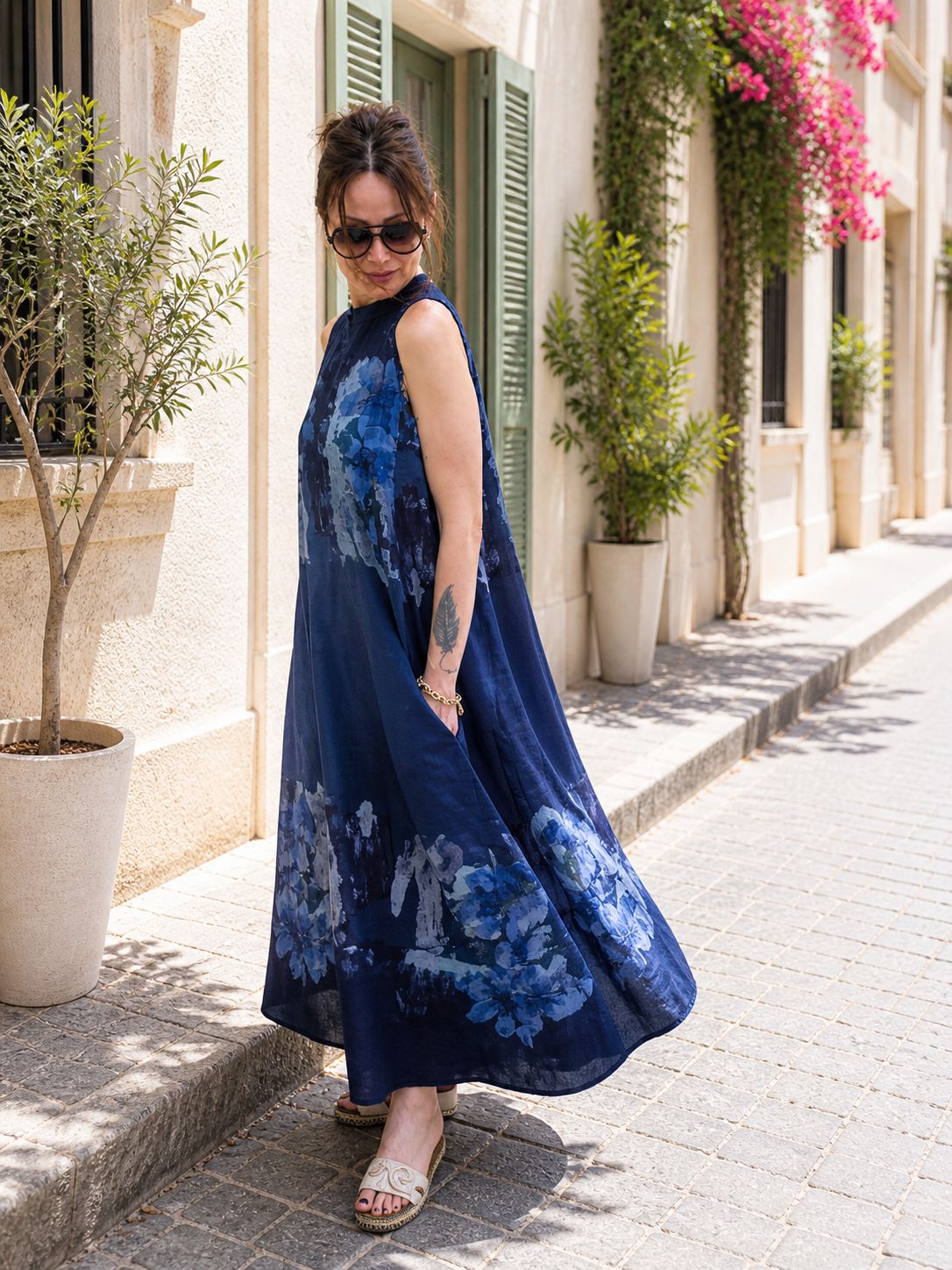 Navy Blue Linen Maxi Dress for Women – 100% Linen Sleeveless Dress, Artistic Floral Print Summer Dress, Relaxed Fit