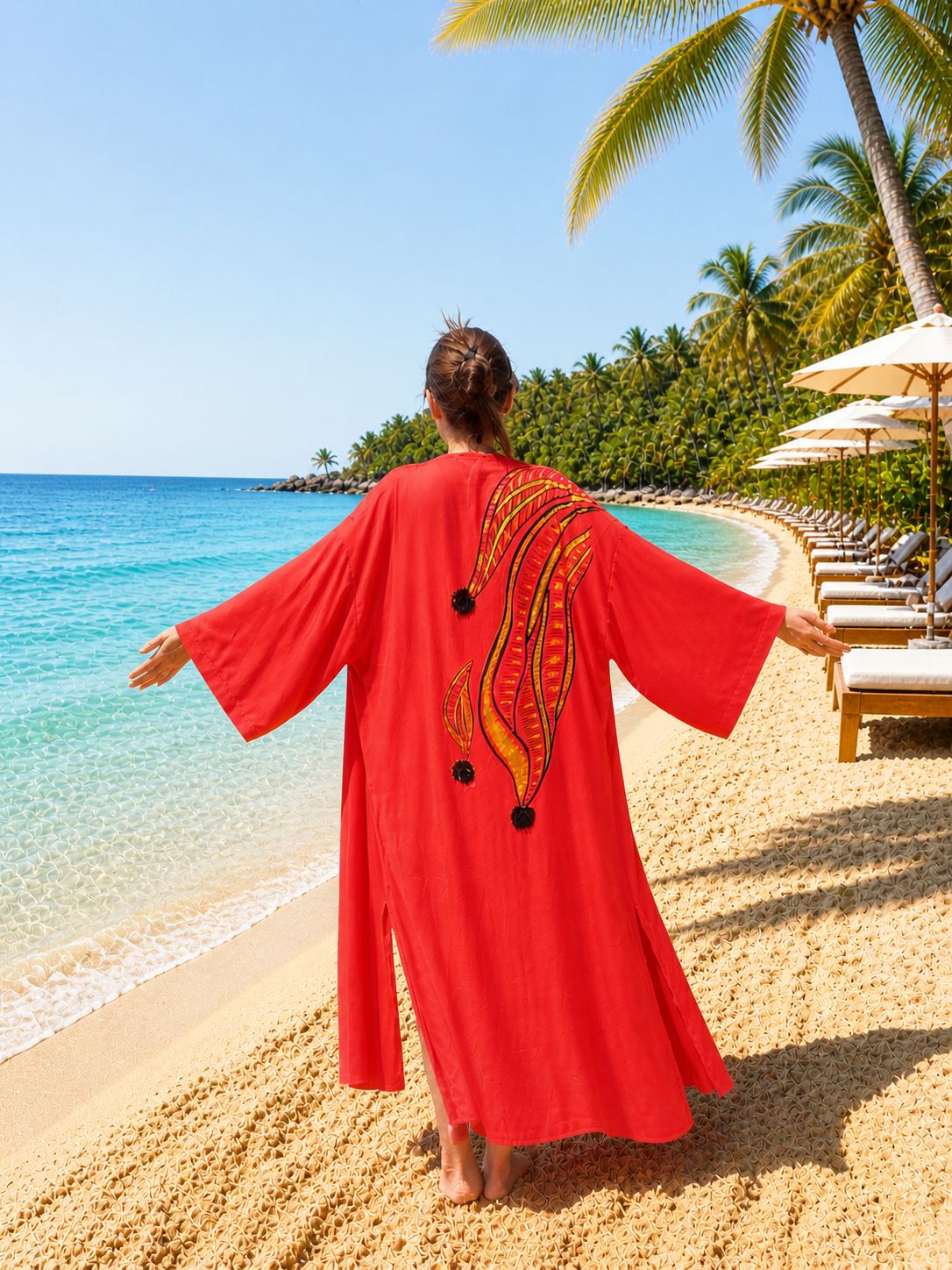 Pomegranate Red Cotton Kimono – Boho Long Beach Cover Up – Patterned Oversized Summer Kaftan – Lightweight Resort Wear for Women