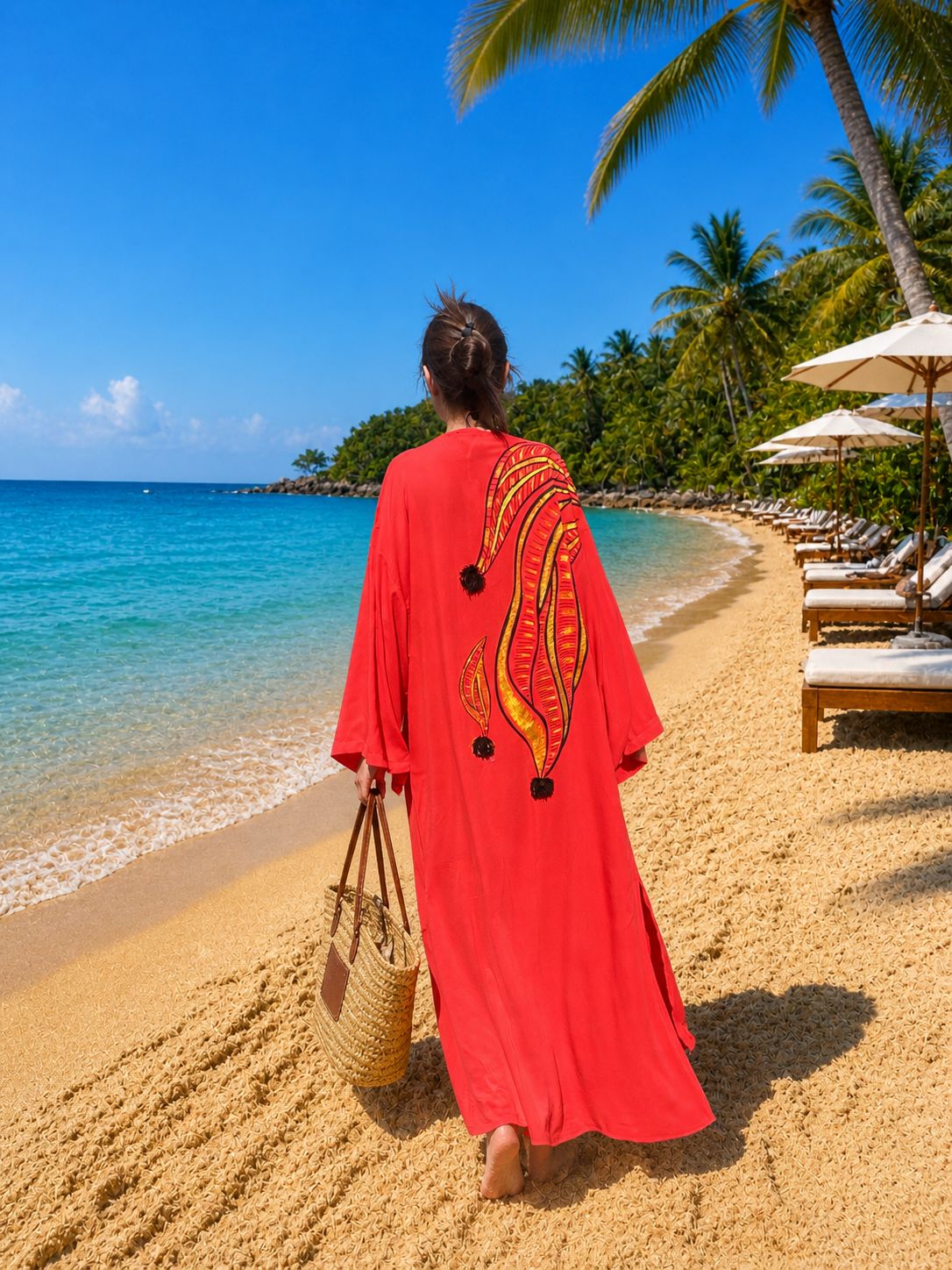 Pomegranate Red Cotton Kimono – Boho Long Beach Cover Up – Patterned Oversized Summer Kaftan – Lightweight Resort Wear for Women