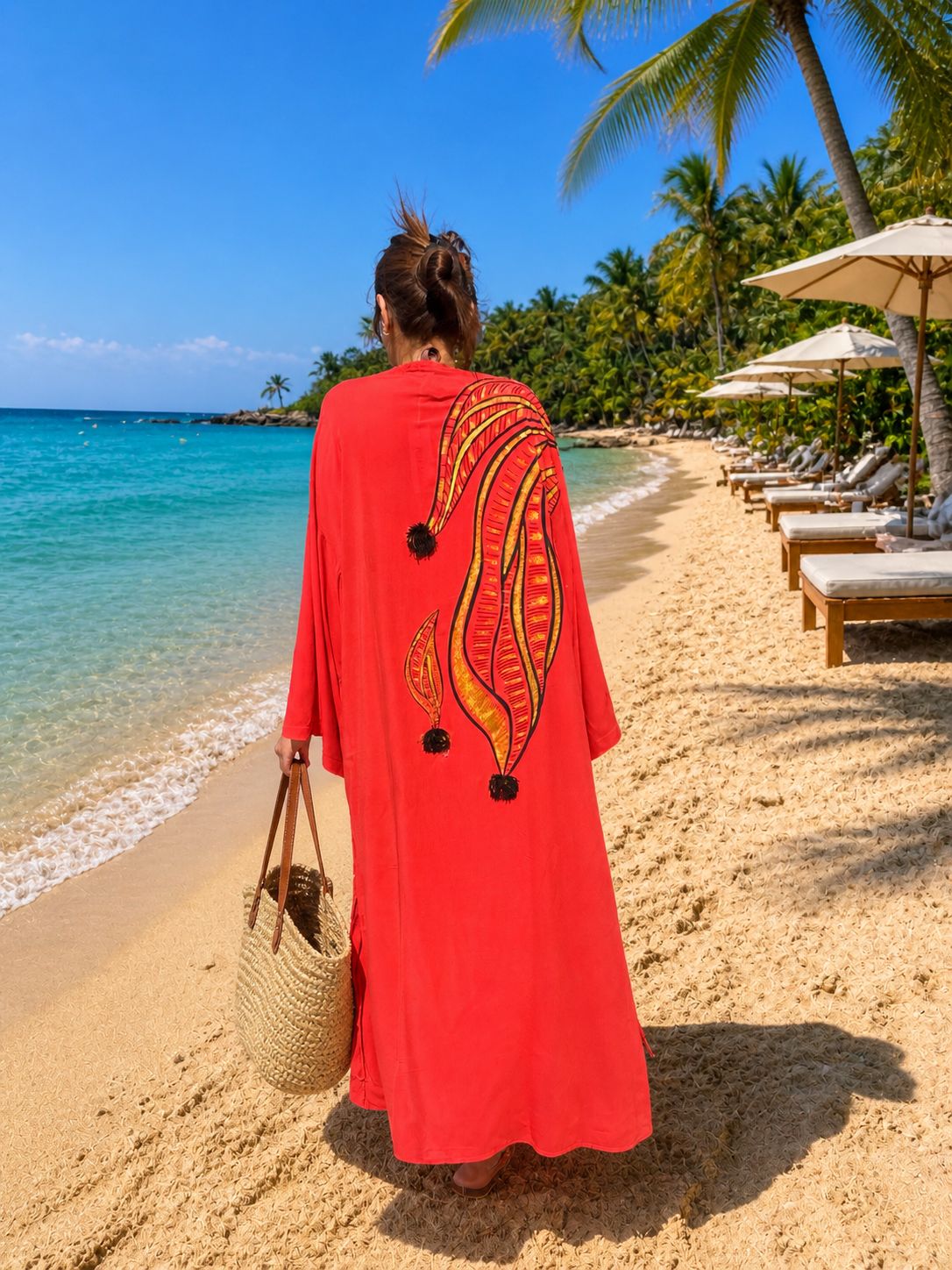 Pomegranate Red Cotton Kimono – Boho Long Beach Cover Up – Patterned Oversized Summer Kaftan – Lightweight Resort Wear for Women