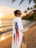 Colorful Parrot Print Belted Cover Up – Cotton Viscose Beach Kaftan – Lightweight Oversized Summer Robe – Boho Beach Kimono