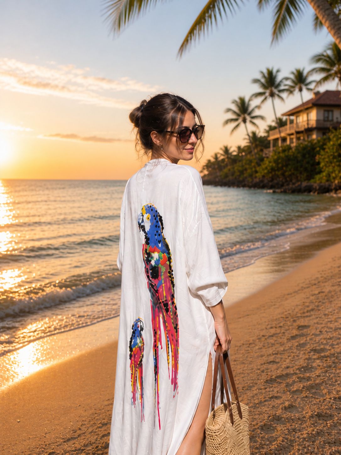 Colorful Parrot Print Belted Cover Up – Cotton Viscose Beach Kaftan – Lightweight Oversized Summer Robe – Boho Beach Kimono